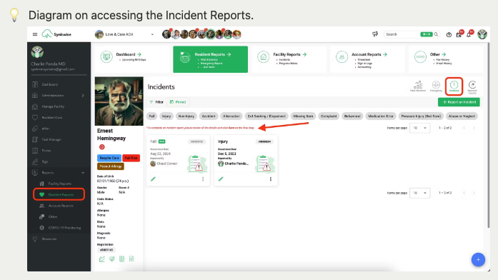 Diagram for accessing incident reports feature on Synkwise